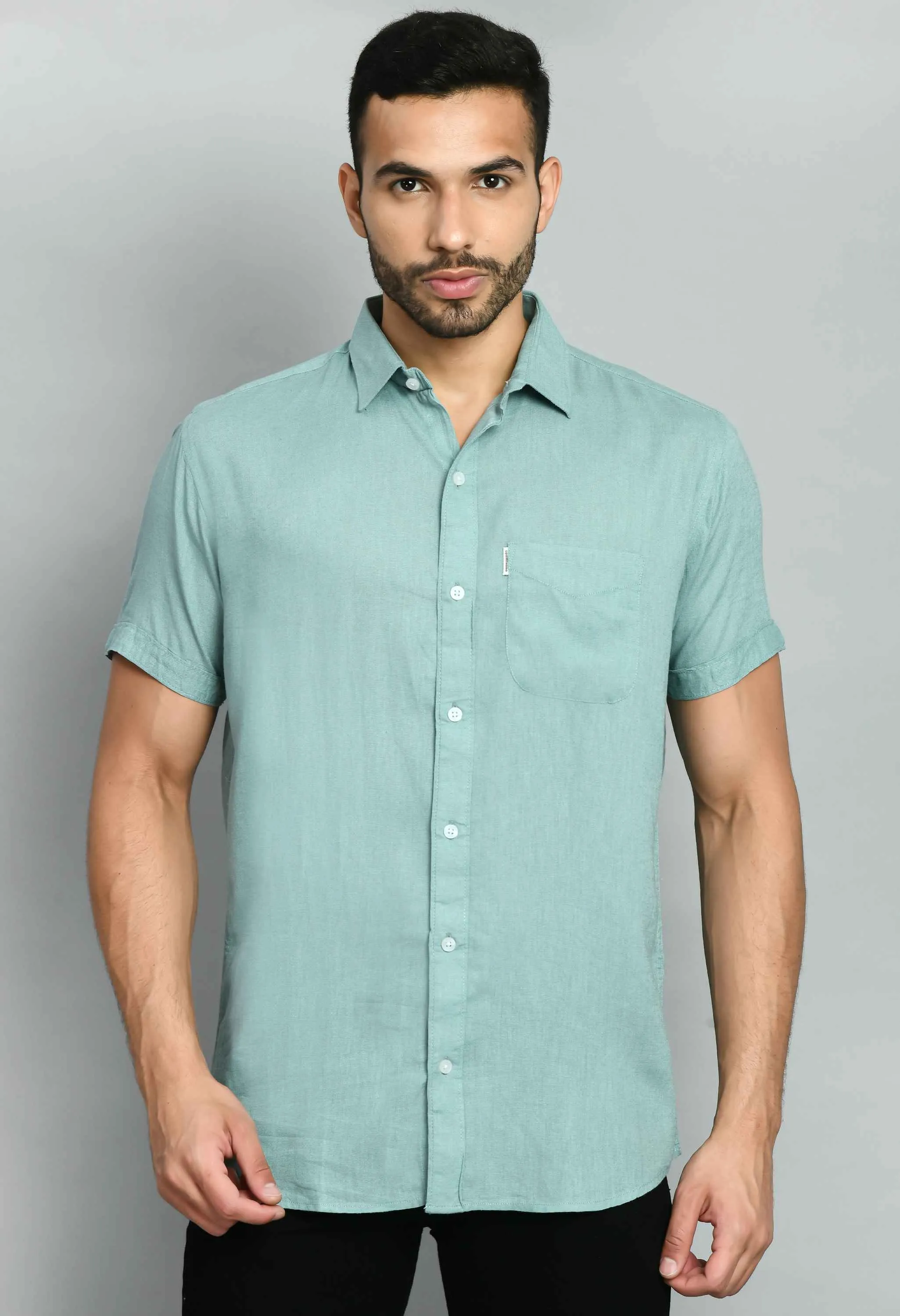 Basic Mint Green Linen Casual Shirt