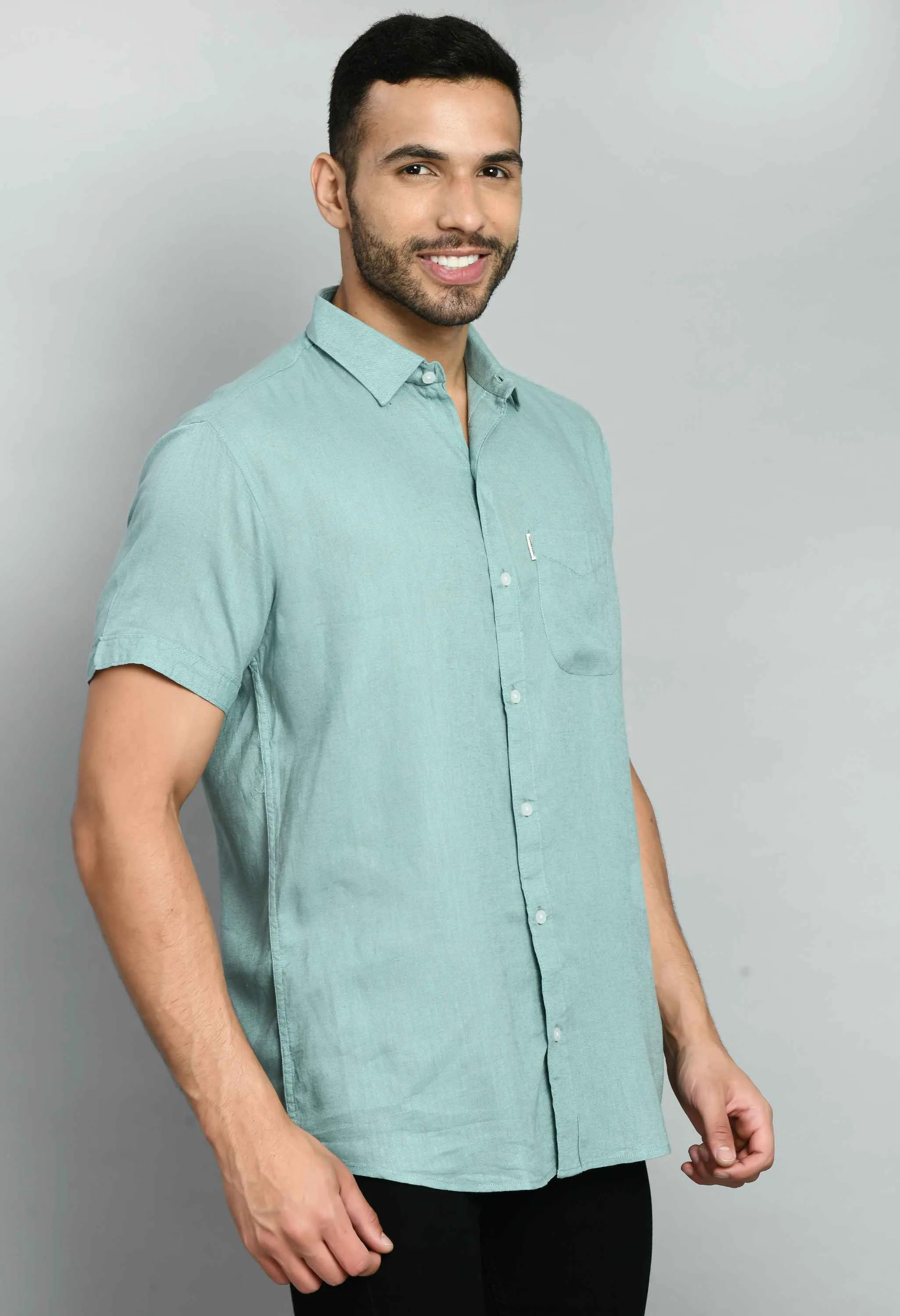 Basic Mint Green Linen Casual Shirt