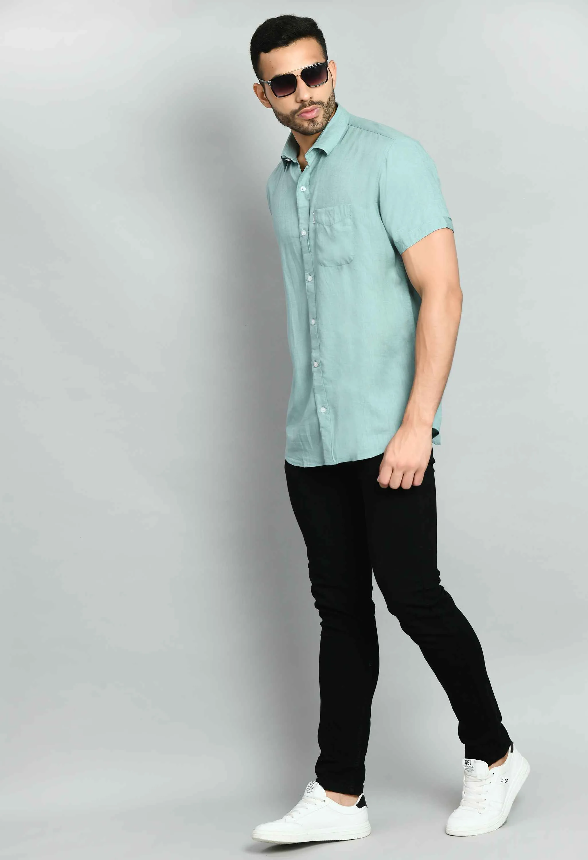 Basic Mint Green Linen Casual Shirt