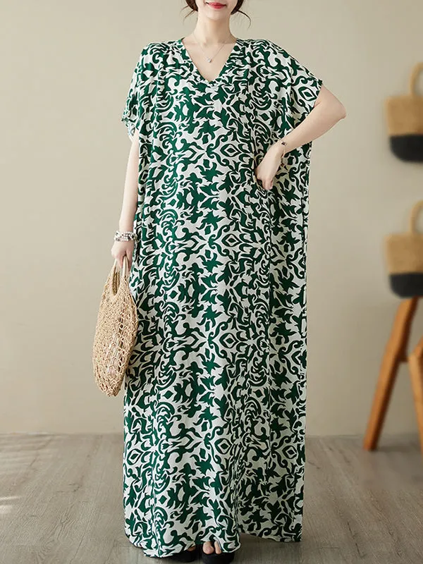 Batwing Sleeves Loose Floral Printed V-Neck Maxi Dresses