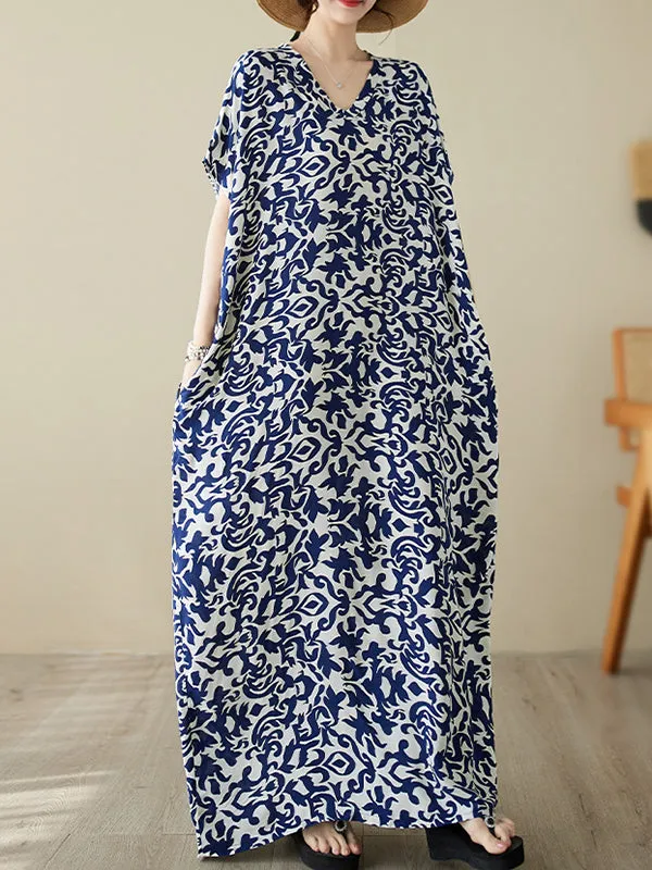 Batwing Sleeves Loose Floral Printed V-Neck Maxi Dresses