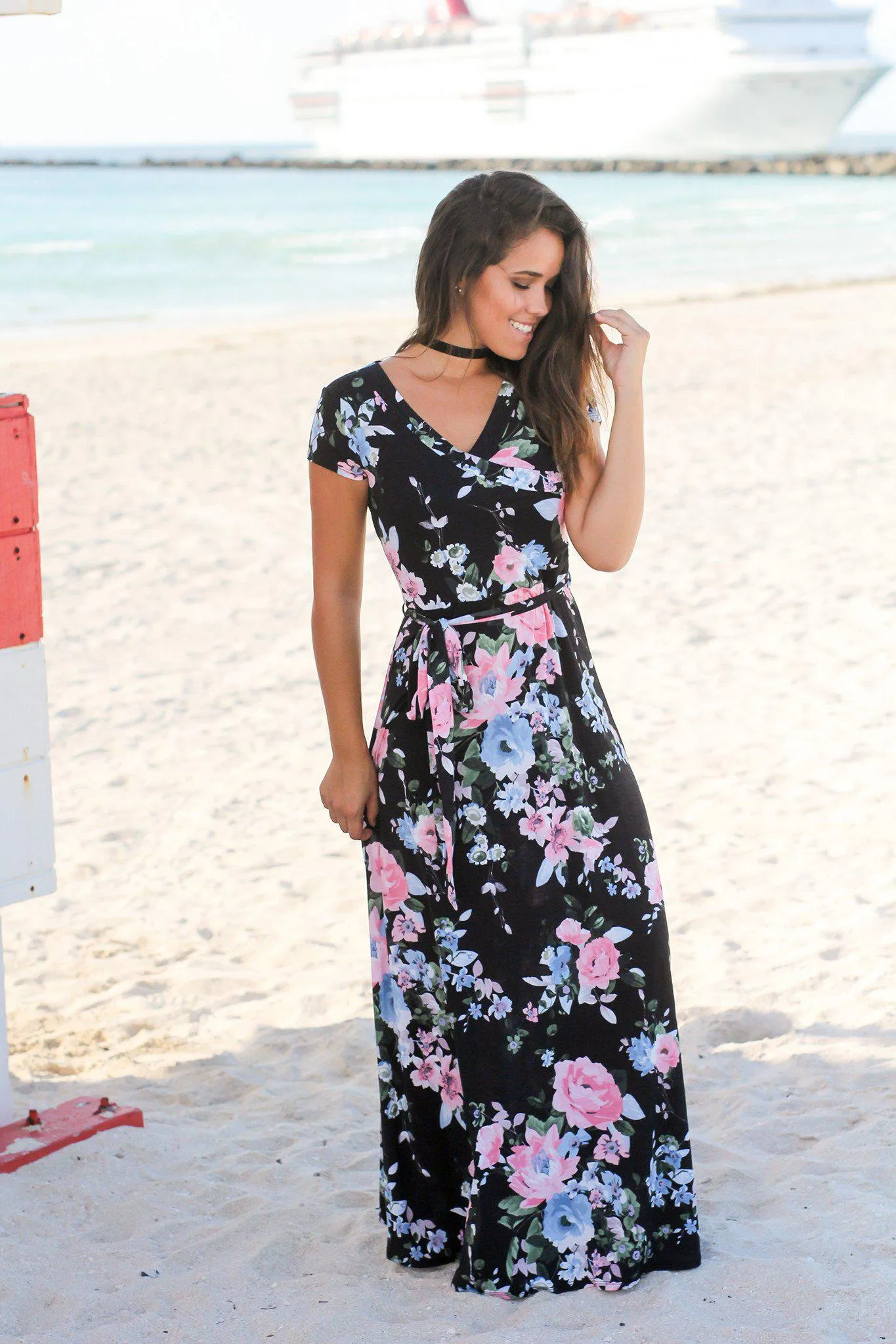 Black and Pink Floral Wrap Maxi Dress