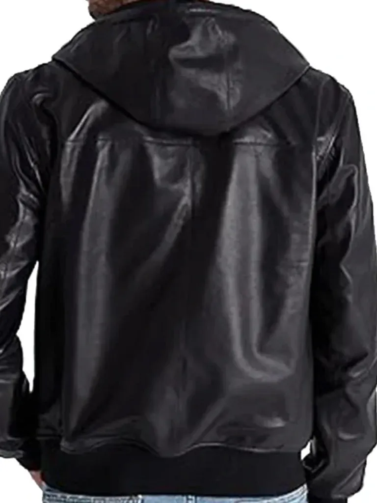 Black Hooded Bomber Style Genuine Leather Jacket