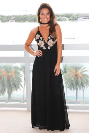 Black Maxi Dress with Floral Embroidery