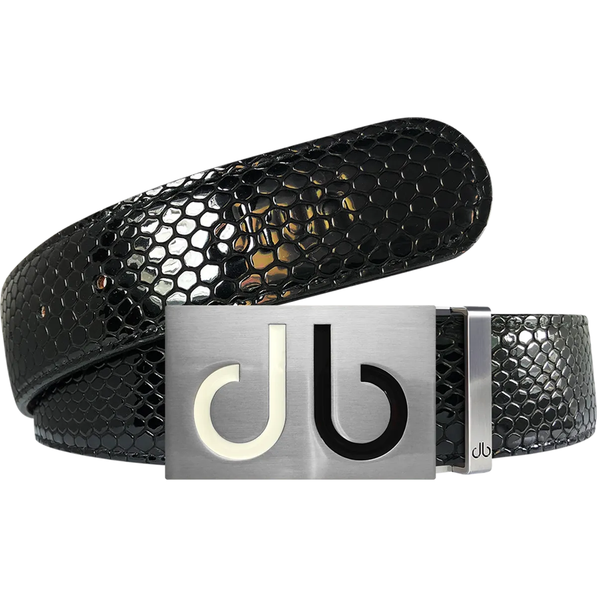 Black Snakeskin Texture Leather Belt with White and Black Two Toned Buckle