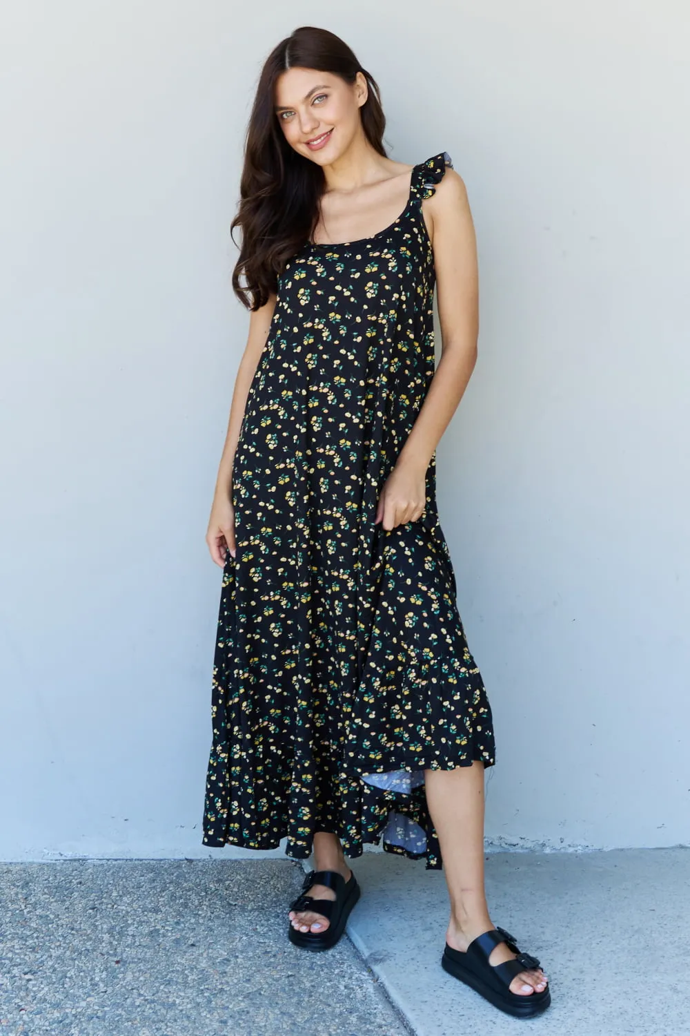 Black Yellow Floral Ruffle Sleeve Maxi Dress