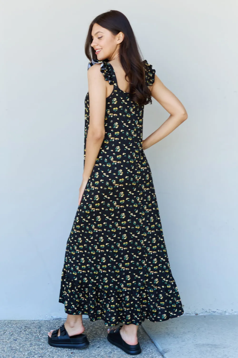 Black Yellow Floral Ruffle Sleeve Maxi Dress