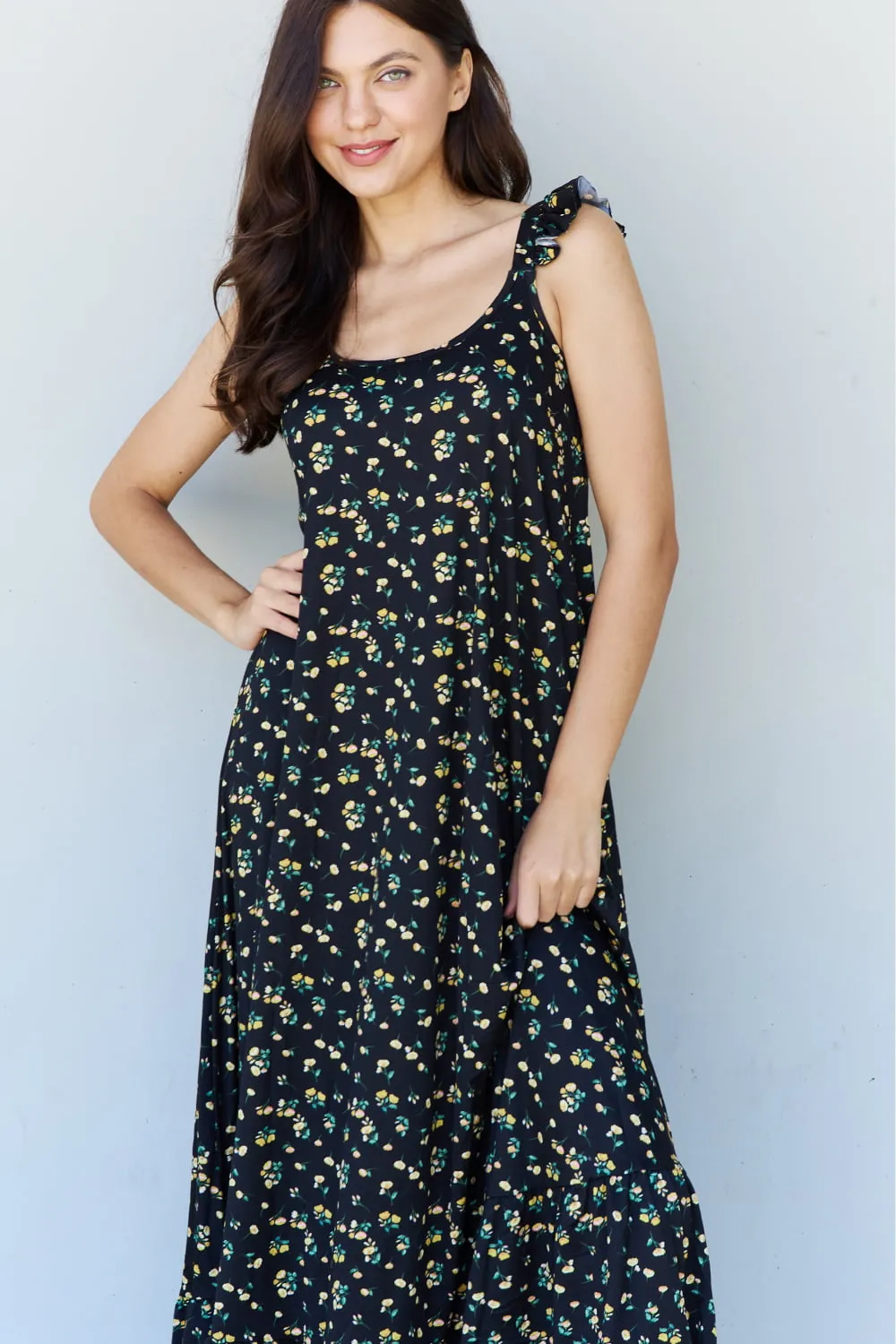 Black Yellow Floral Ruffle Sleeve Maxi Dress