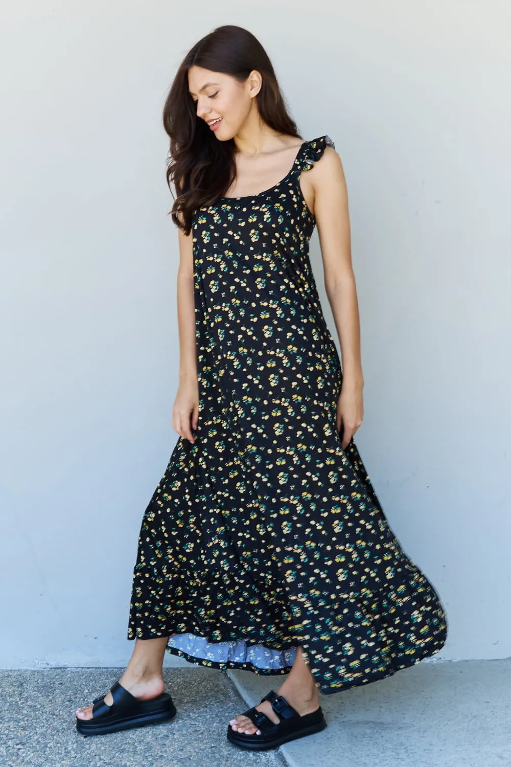 Black Yellow Floral Ruffle Sleeve Maxi Dress