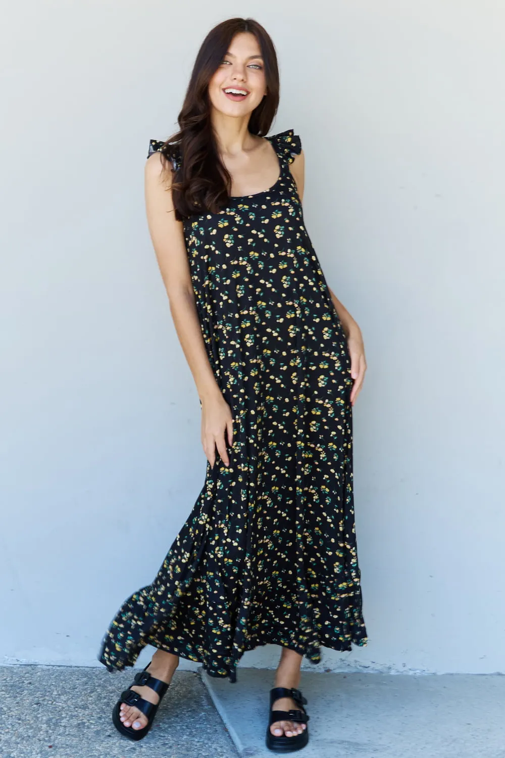 Black Yellow Floral Ruffle Sleeve Maxi Dress