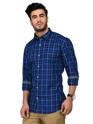 Blue & Black Checked Slim Fit Casual Shirt | JadeBlue