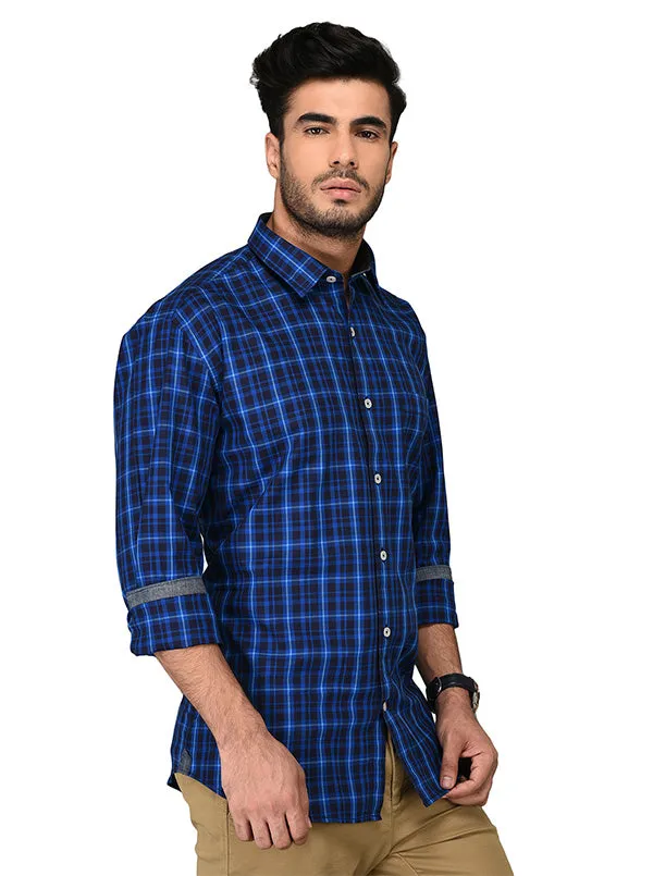 Blue & Black Checked Slim Fit Casual Shirt | JadeBlue