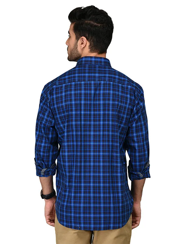 Blue & Black Checked Slim Fit Casual Shirt | JadeBlue