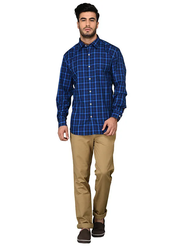 Blue & Black Checked Slim Fit Casual Shirt | JadeBlue