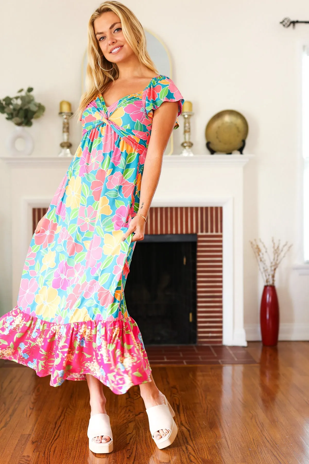 Blue Floral Sweetheart Twisted Neckline Maxi Dress