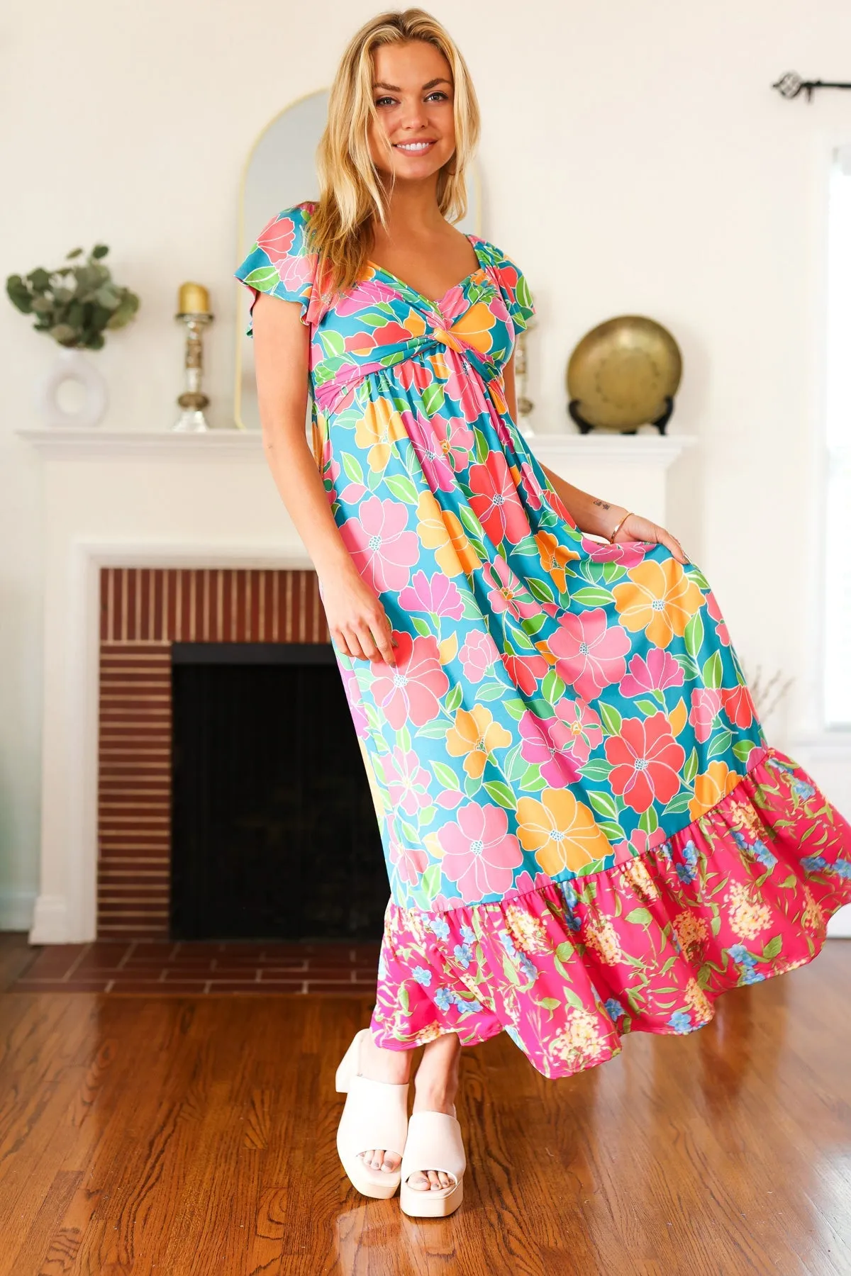 Blue Floral Sweetheart Twisted Neckline Maxi Dress