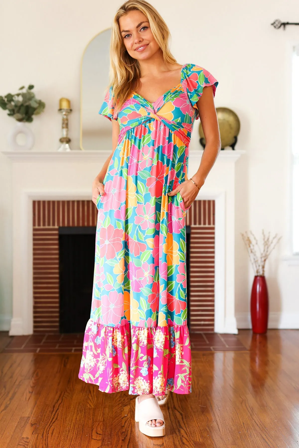 Blue Floral Sweetheart Twisted Neckline Maxi Dress