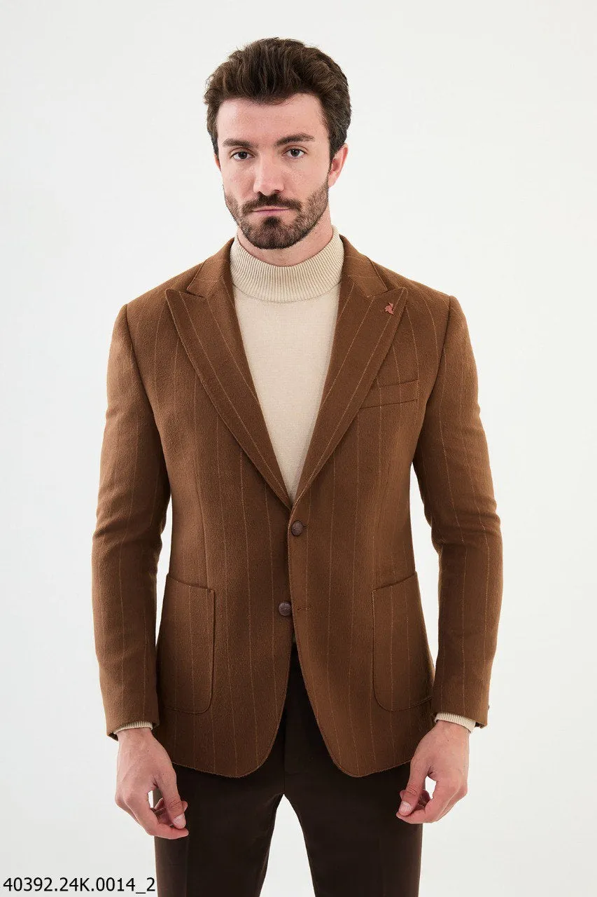 Bojoni Belmonte Slim Fit Camel Striped Blazer