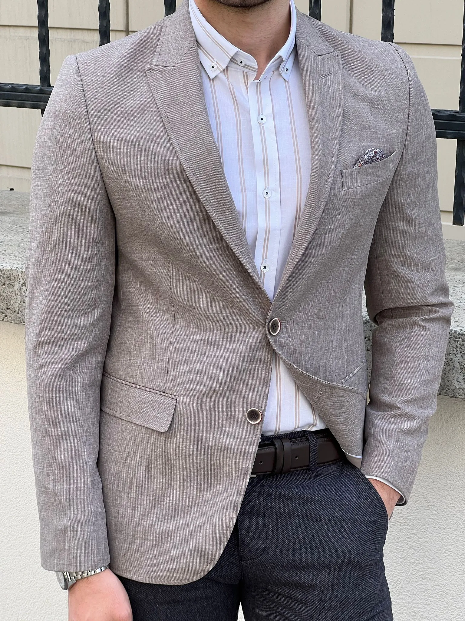 Bojoni Montebello Slim Fit High Quality Self-Patterned Beige Blazer