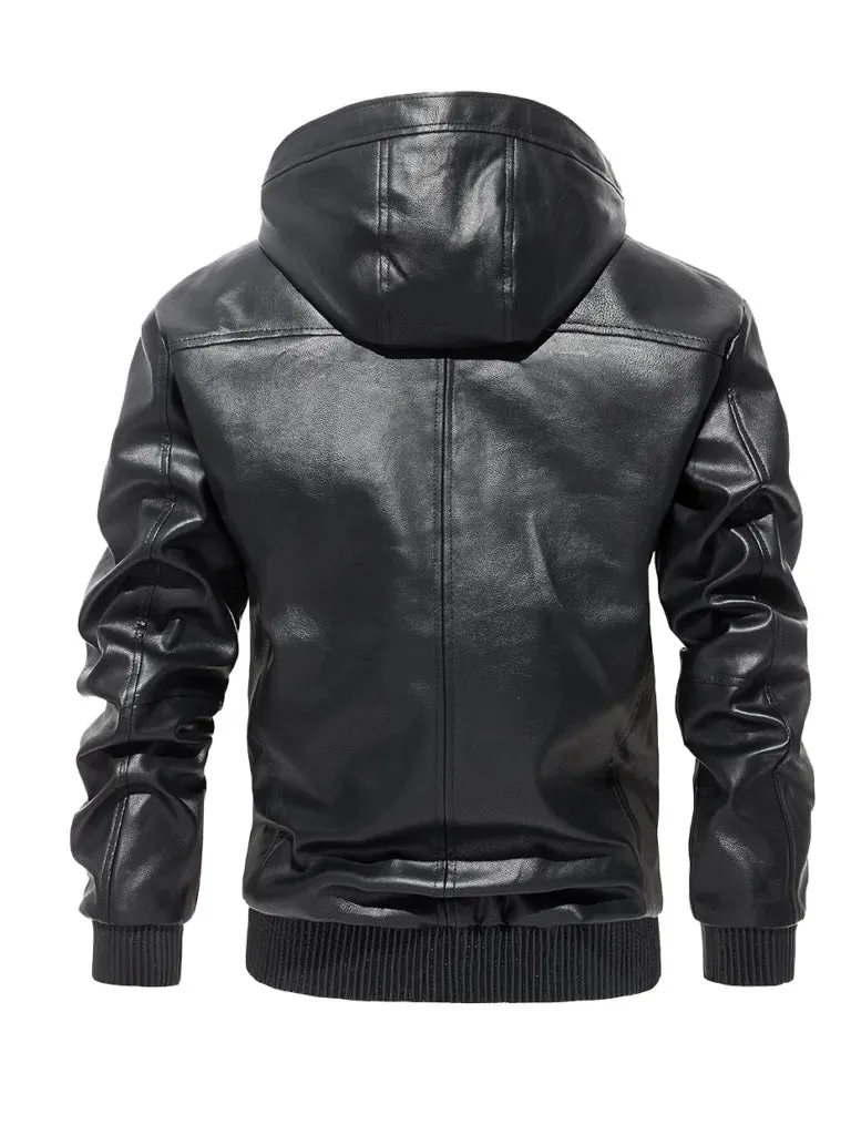 Bomber Style Hooded Leather Jacket