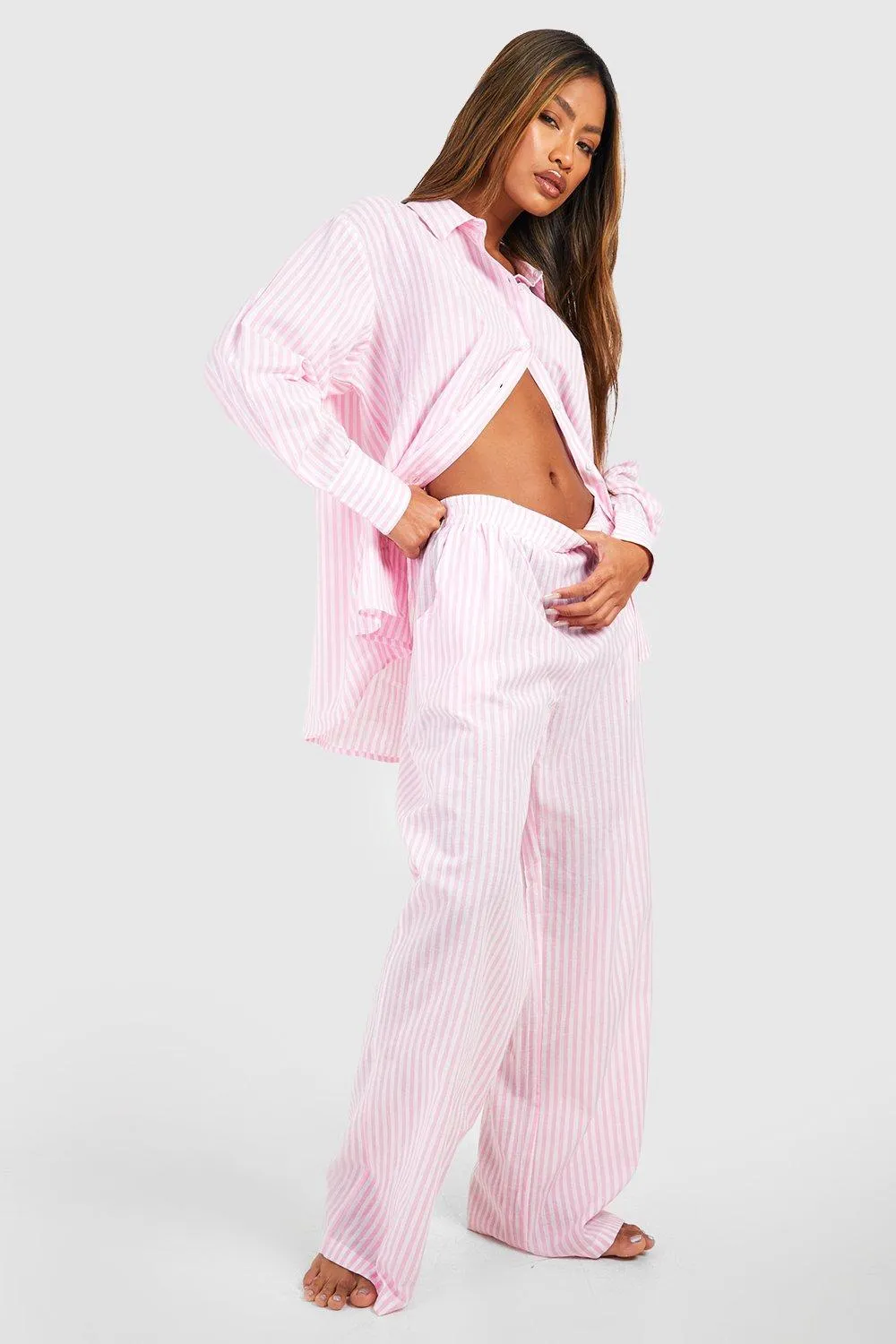 Boohoo Cotton Stripe Pajama Pants, Pink