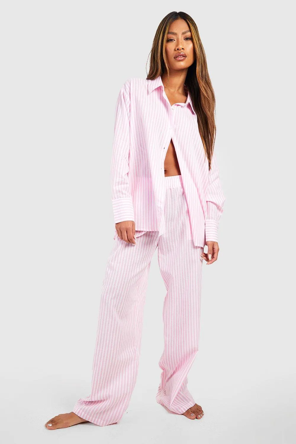 Boohoo Cotton Stripe Pajama Pants, Pink