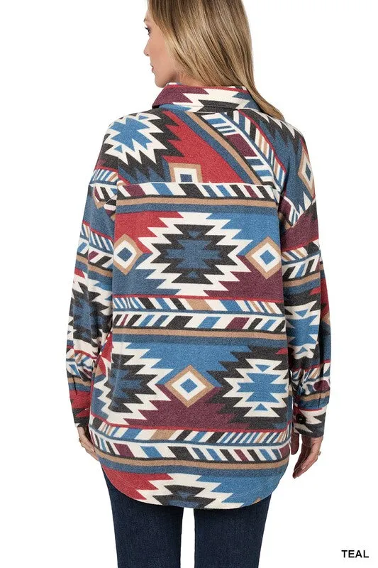 Brushed Aztec Oversized Shacket With Pockets