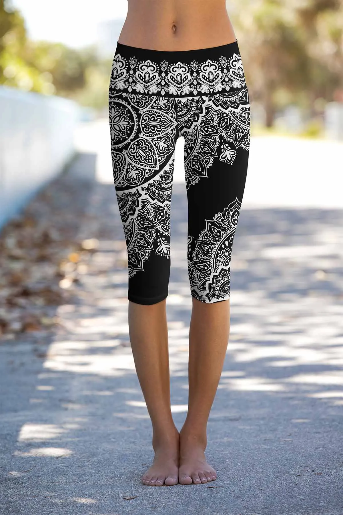 BUY 1 GET 4 FREE! Black Nirvana Ellie White Boho Performance Yoga Capri Leggings - Women