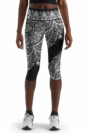 BUY 1 GET 4 FREE! Black Nirvana Ellie White Boho Performance Yoga Capri Leggings - Women