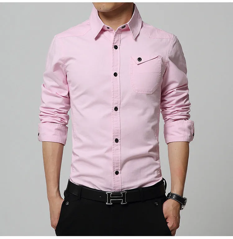 Casual Men Shirt Long Sleeve Mandarin Collar