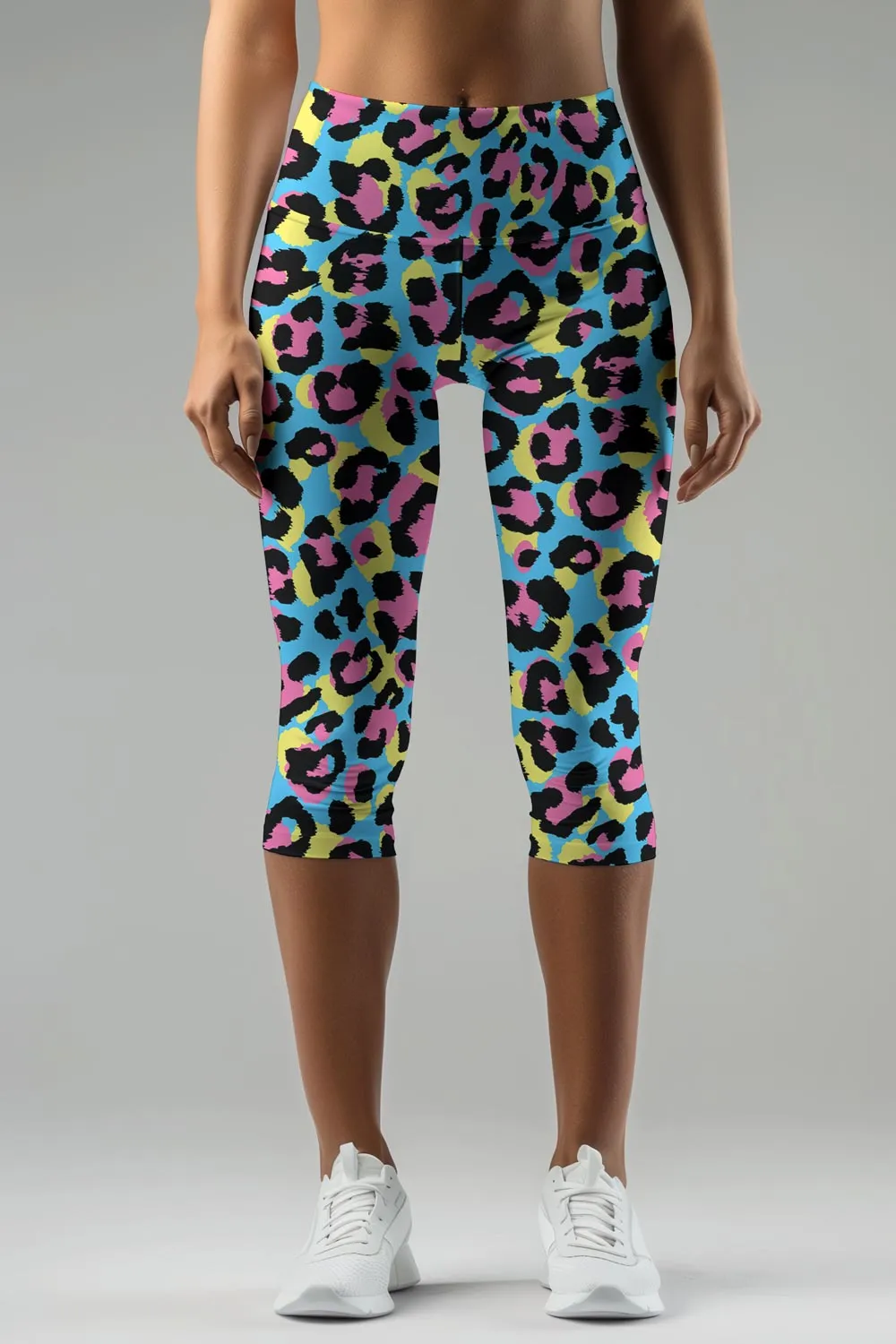 Chica Bomb Ellie Blue Leopard Performance Yoga Capri Leggings - Women