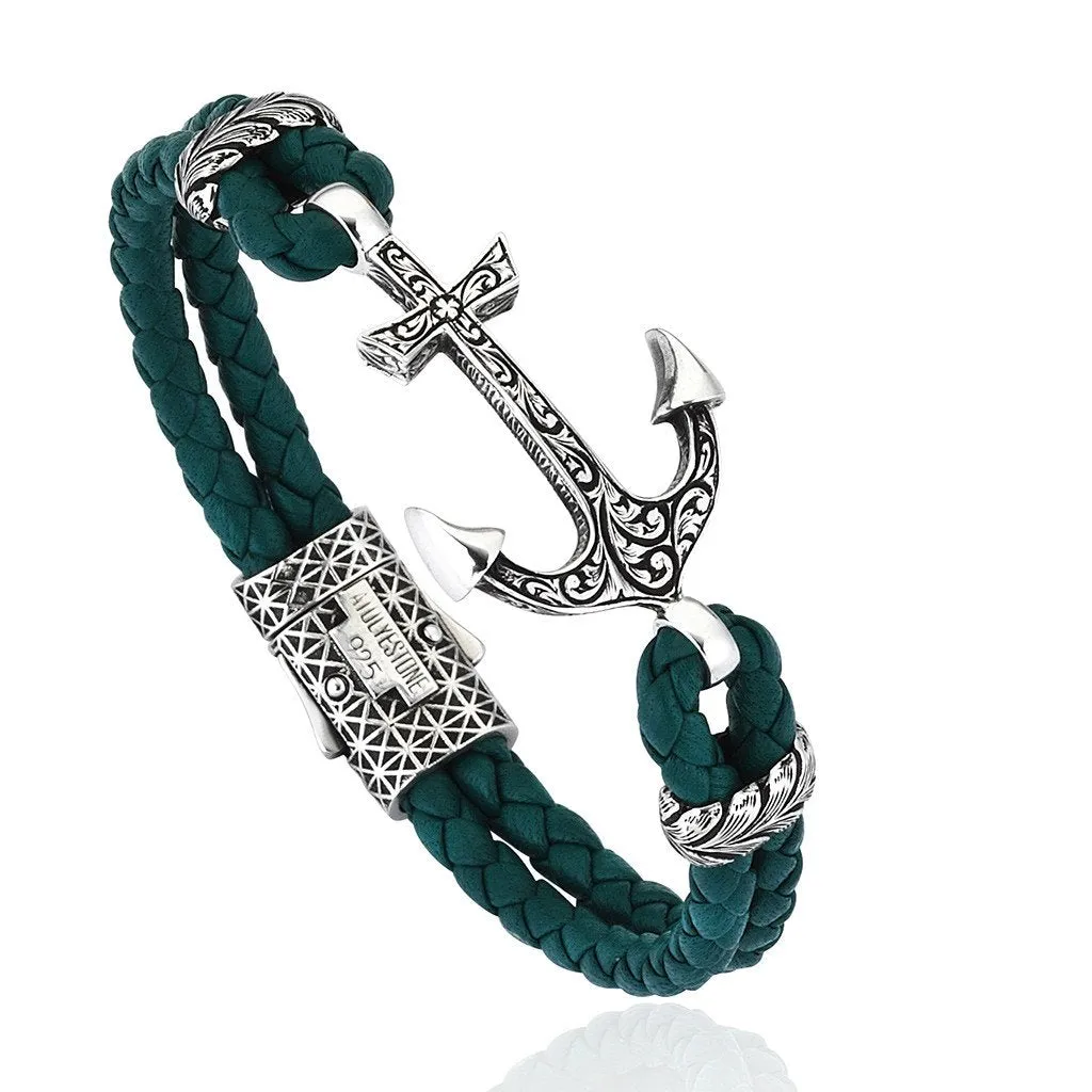 Classic Anchor Leather Bracelet -  Solid Silver