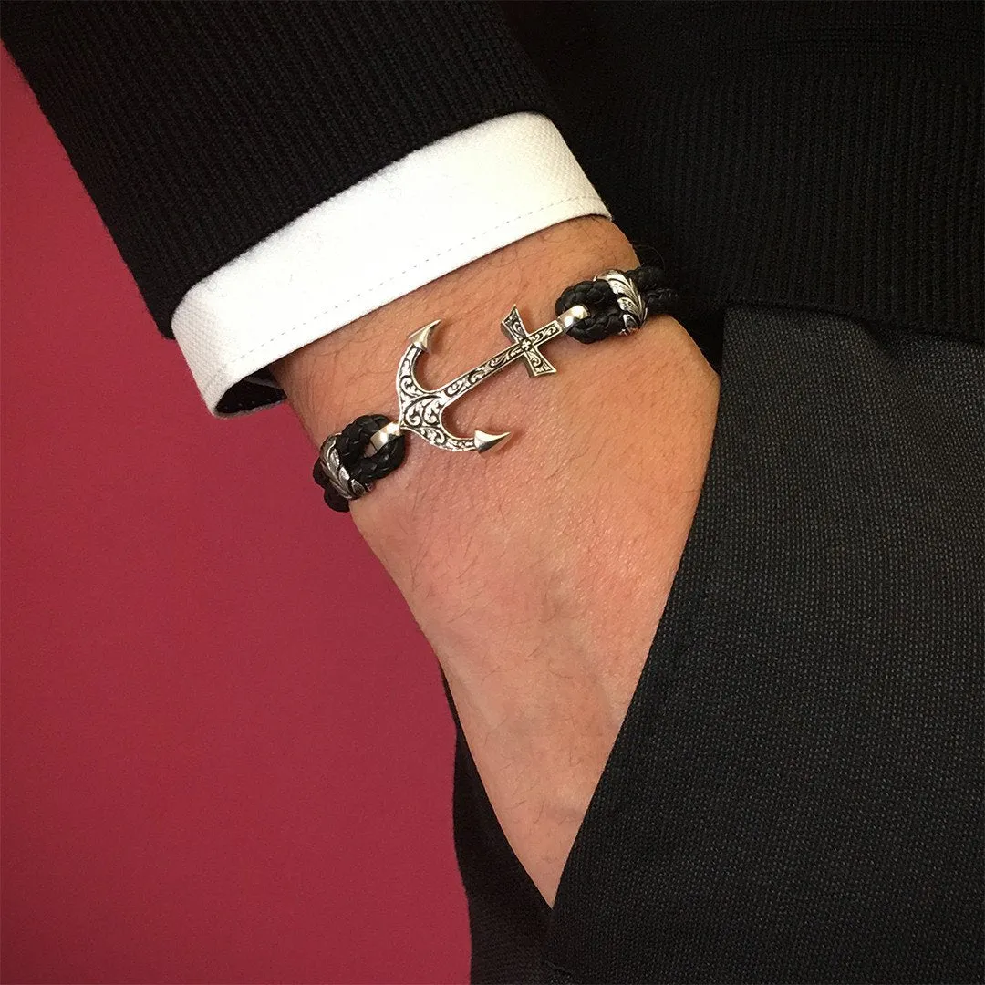 Classic Anchor Leather Bracelet -  Solid Silver