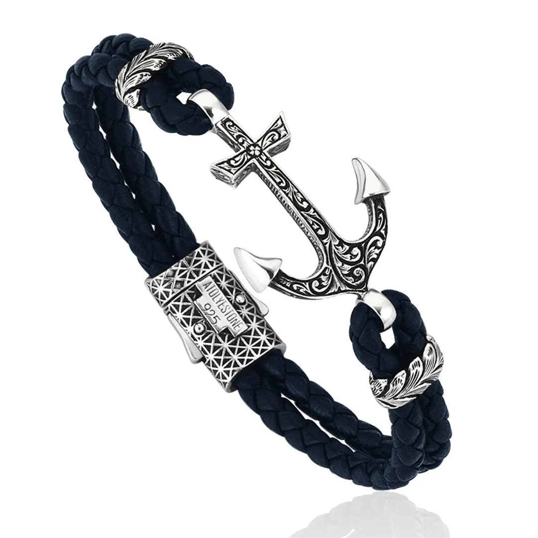 Classic Anchor Leather Bracelet -  Solid Silver