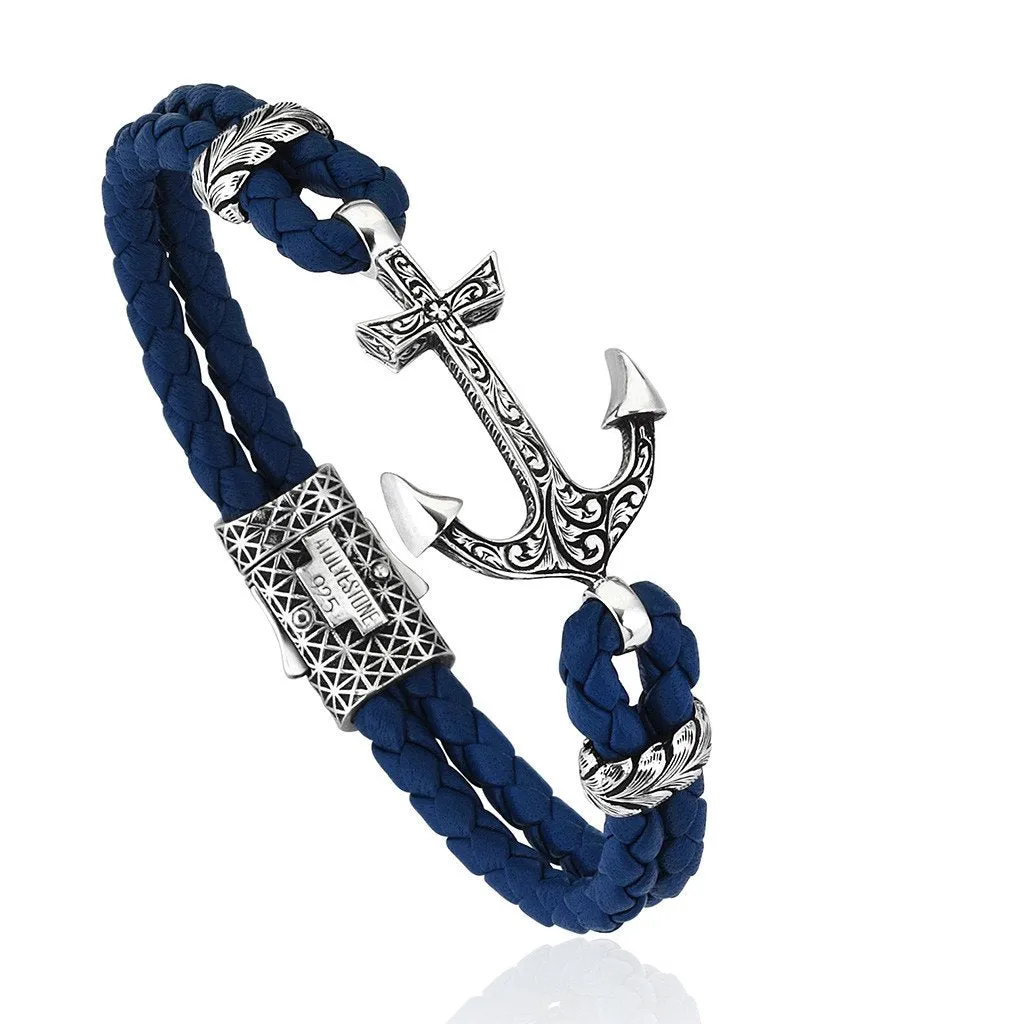 Classic Anchor Leather Bracelet -  Solid Silver