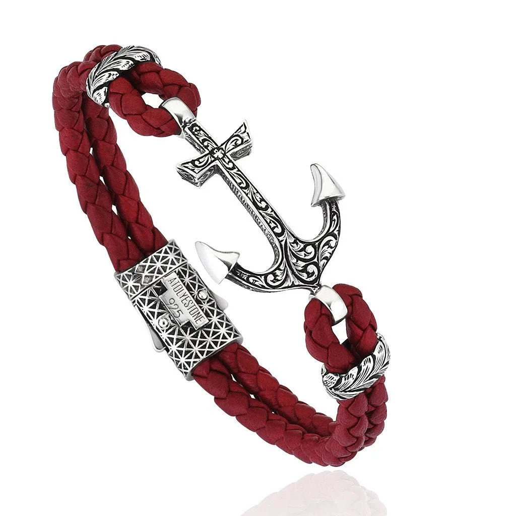 Classic Anchor Leather Bracelet -  Solid Silver