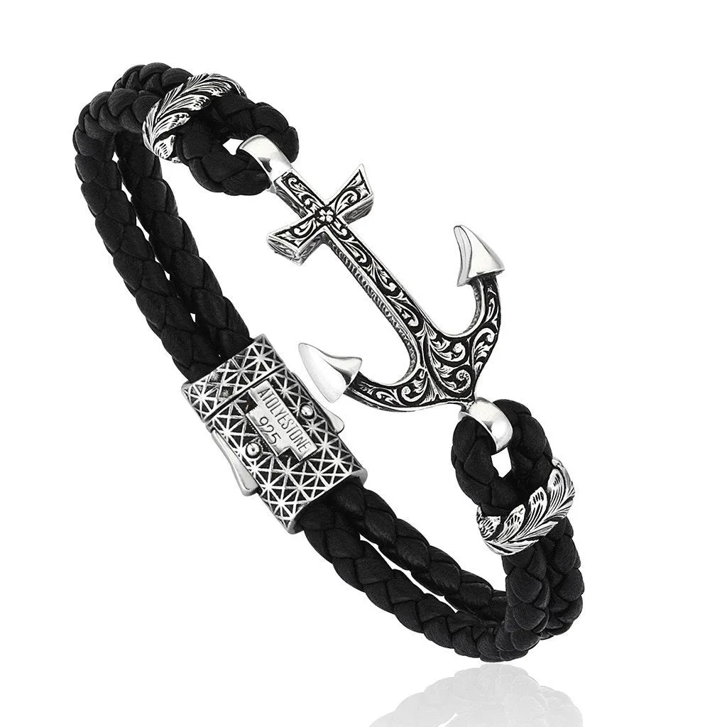 Classic Anchor Leather Bracelet -  Solid Silver