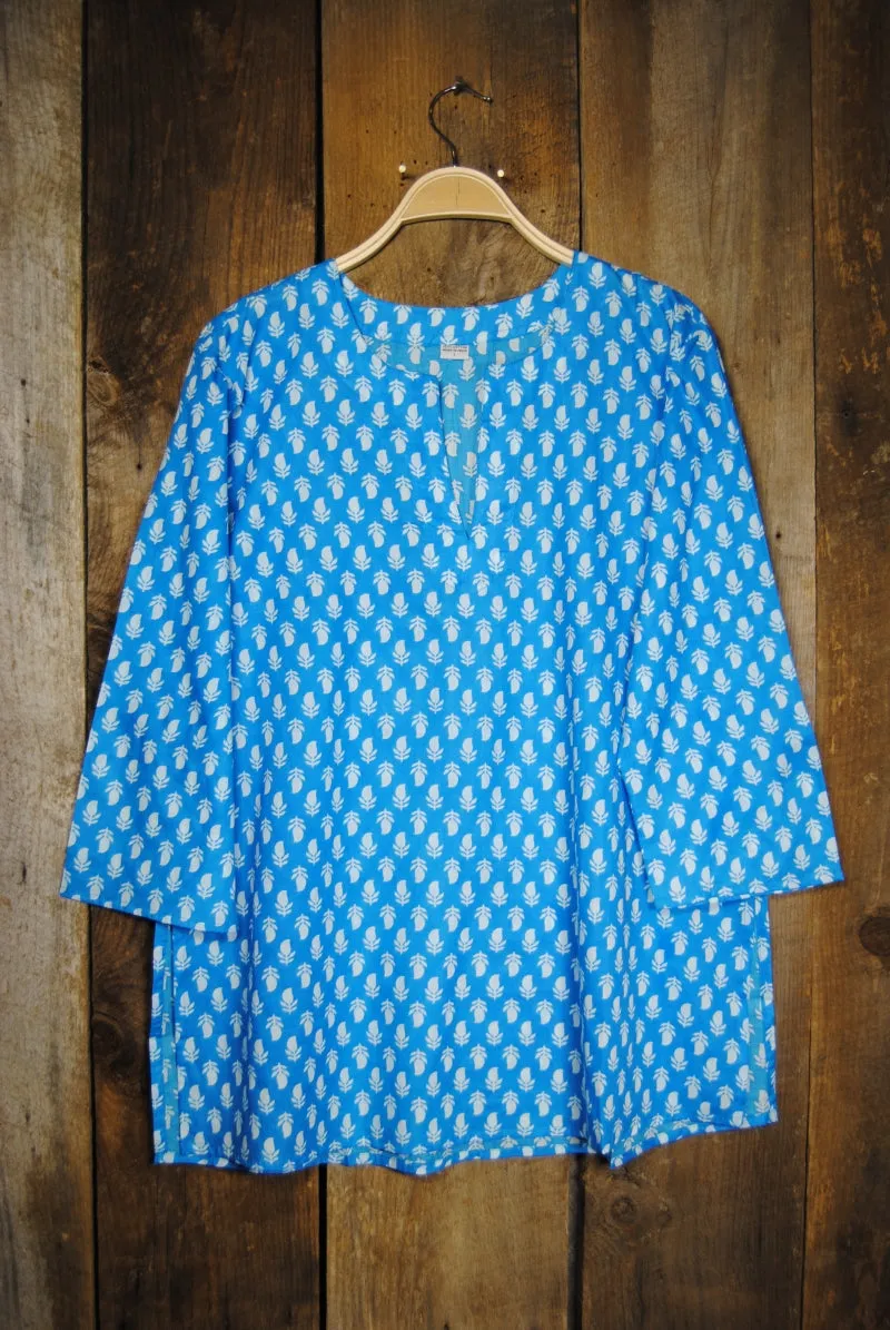 Cotton Tunic Top Turquoise Tulips