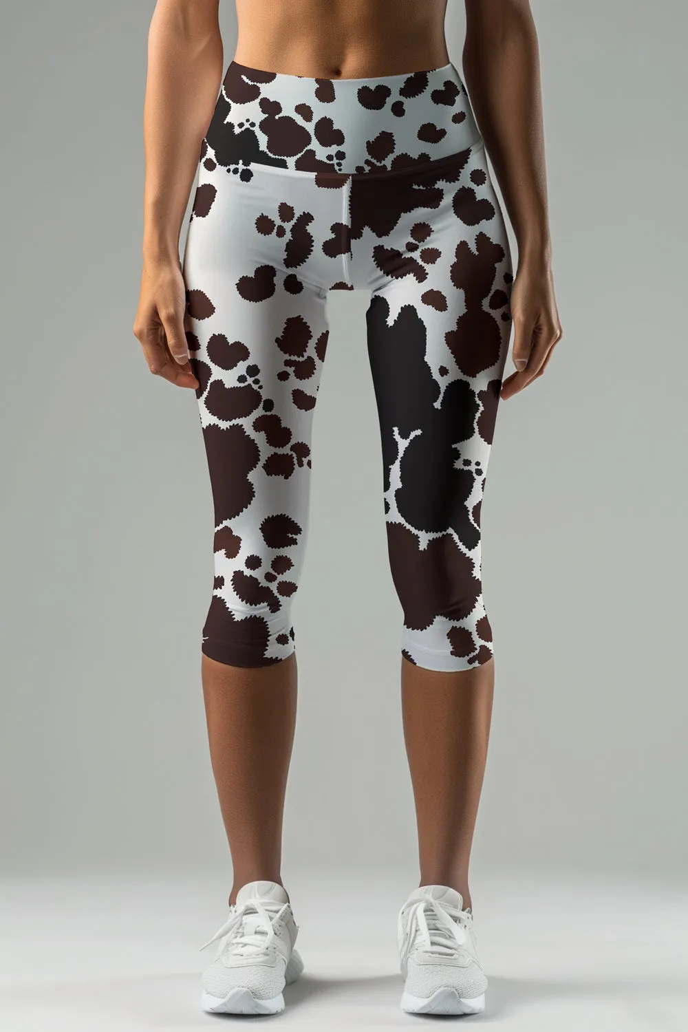 Cowgirl Ellie White Brown Cow Animal Print Yoga Capri Leggings - Women