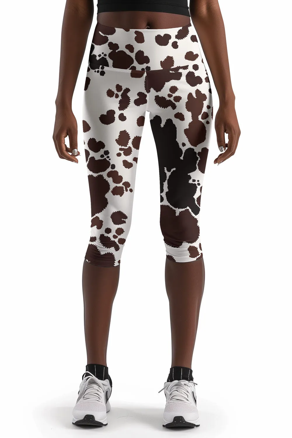 Cowgirl Ellie White Brown Cow Animal Print Yoga Capri Leggings - Women