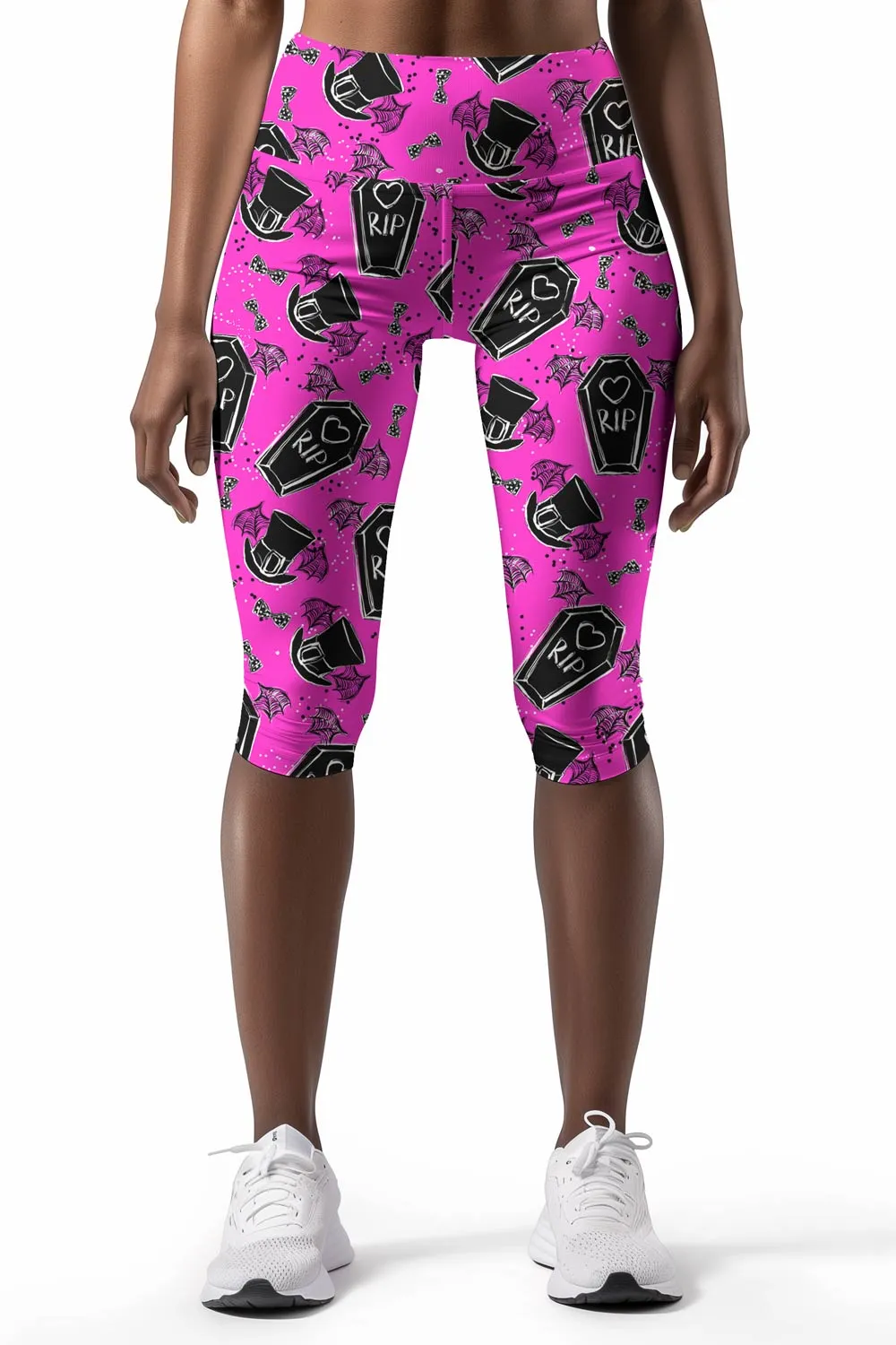 Creepin' it Real Ellie Pink Goth RIP Print Yoga Capri Leggings - Women