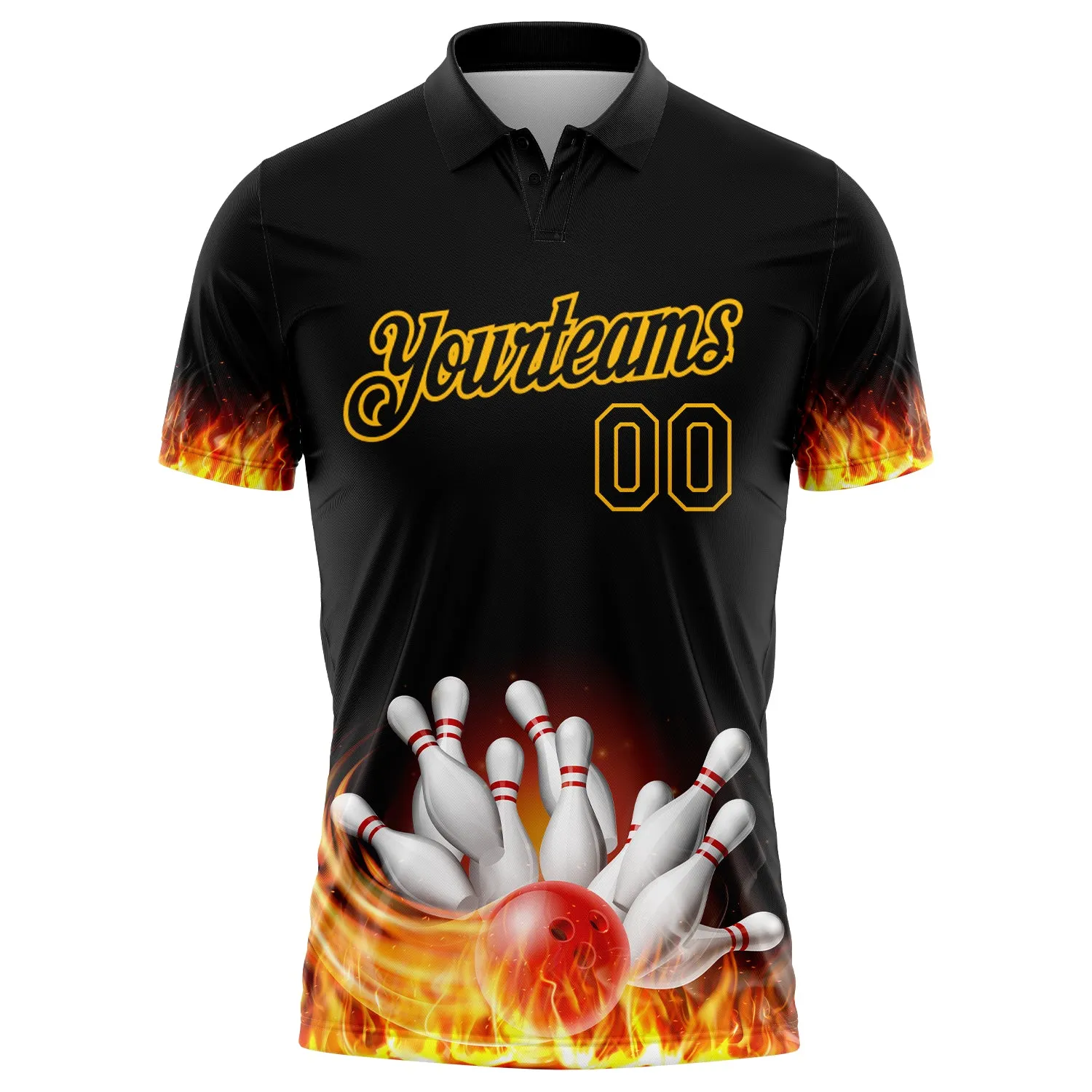 Custom Black Gold 3D Pattern Design Flame Bowling Performance Polo Shirt