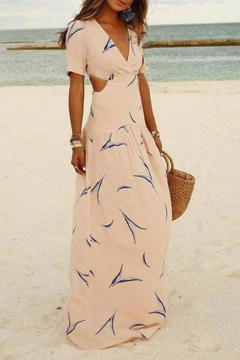 Dunnmall Vacation Print Hollowed Out V Neck A Line Maxi Dresses