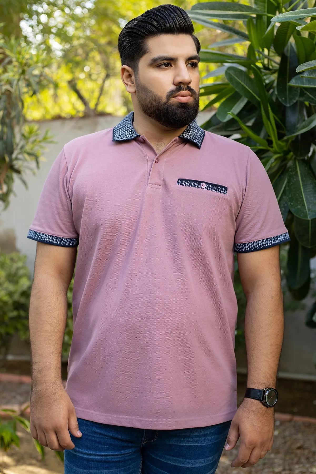 Dusky Pink Jacquard Collar Polo Shirt (Plus size) - A24 - MP0261P