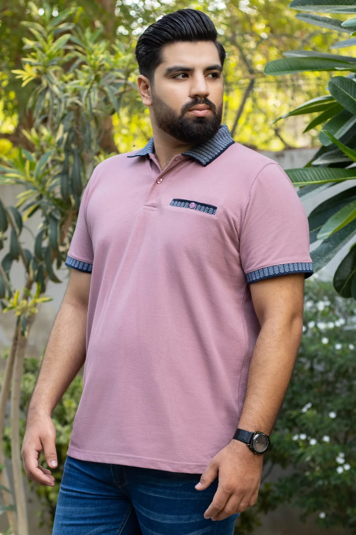 Dusky Pink Jacquard Collar Polo Shirt (Plus size) - A24 - MP0261P