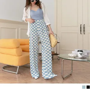 ELASTIC WAIST WIDE LEG CHECKED LONG PANTS