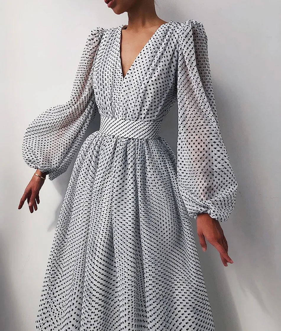 Elegant Dot Puff Sleeves V-neck Long Dresses