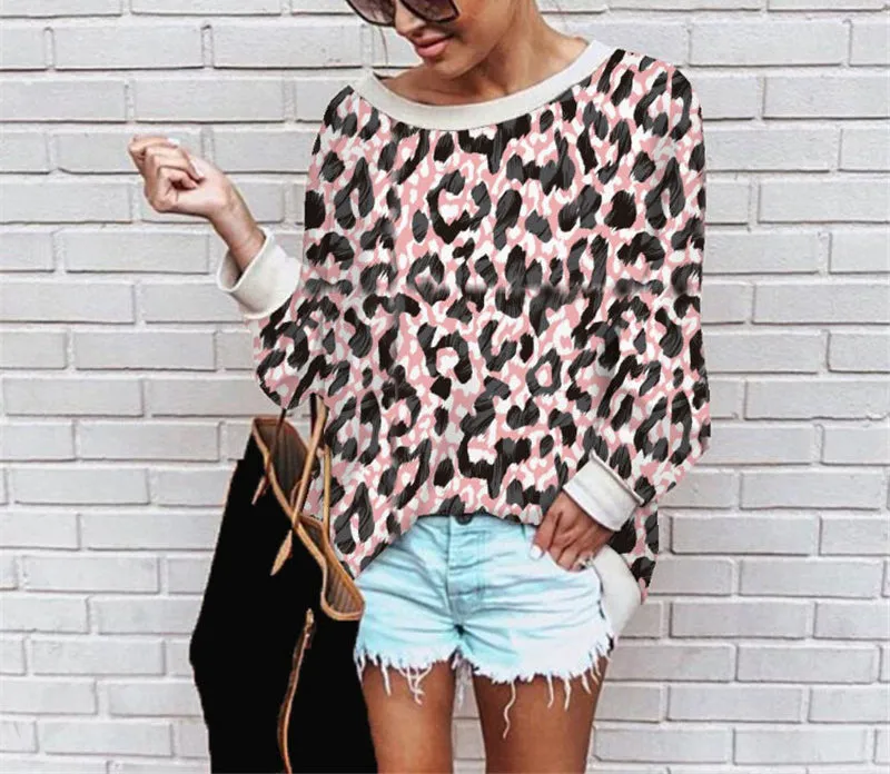 Fashion printed leopard flower sweater loose top