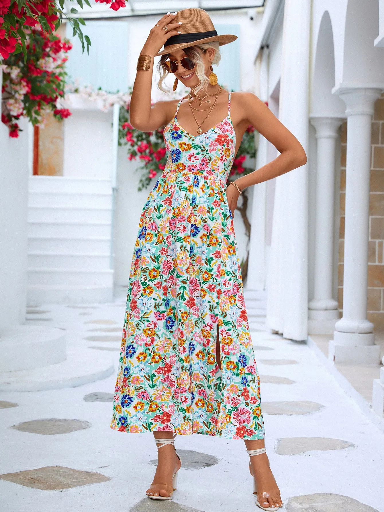 Floral Crisscross Backless Split Dress