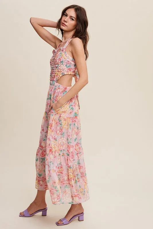 Floral Maxi Dress Smocked Backless Waist Cutouts with Pockets New Women's Fashion Casual Long Summer Dress KESLEY